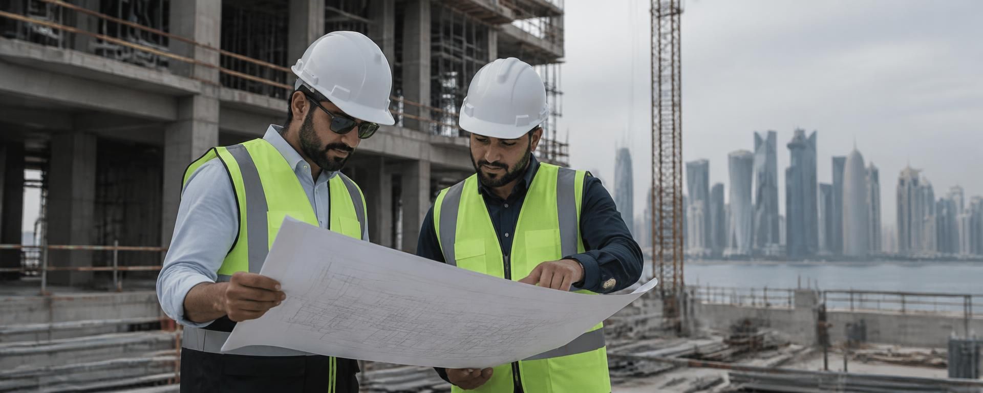 Two engineers in hard hats and high-visibility vests reading a drawing on site, with the Doha skyline behind them.