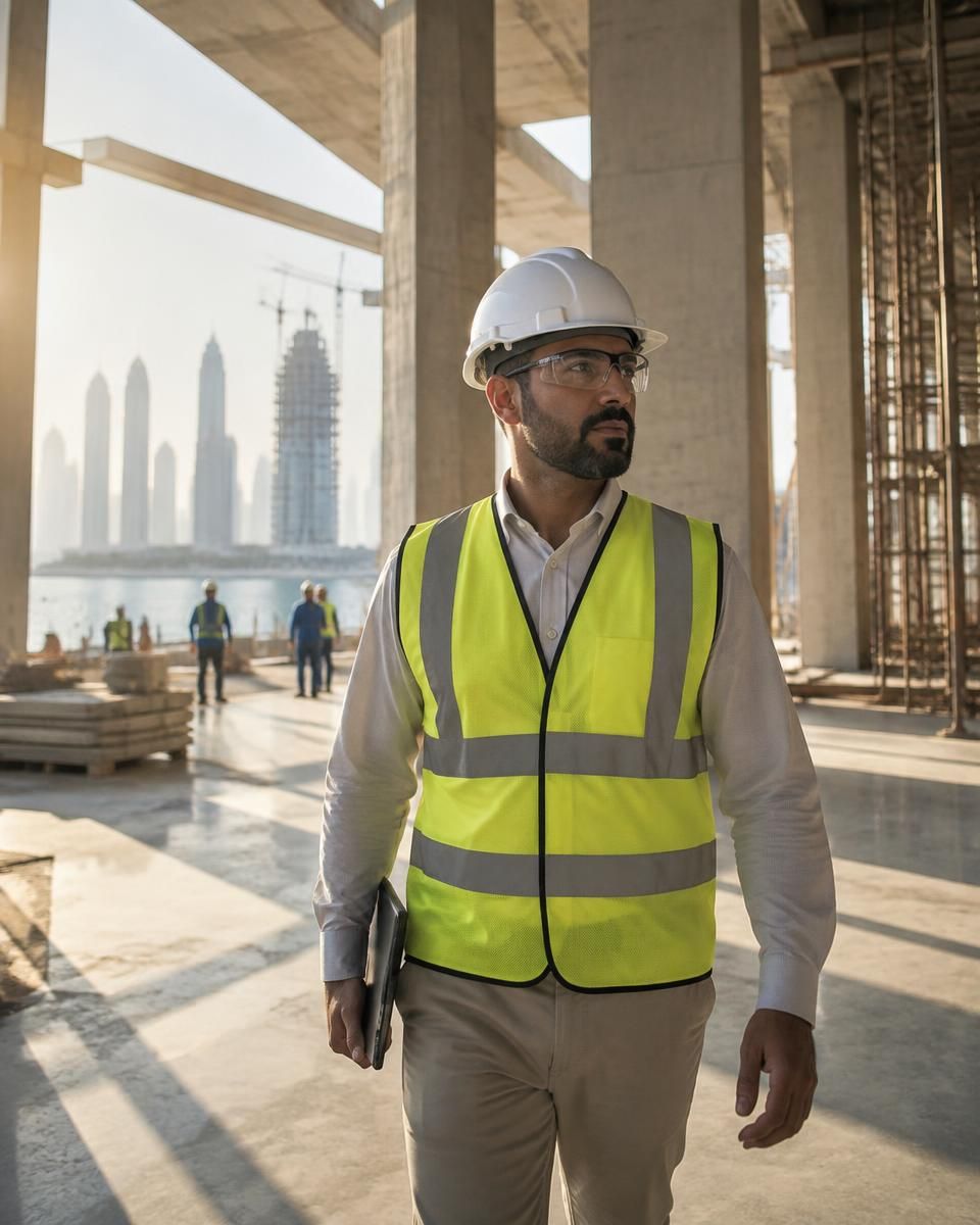 A site engineer in a hard hat, safety glasses and high-visibility vest walking through a concrete frame, with cranes and towers beyond.