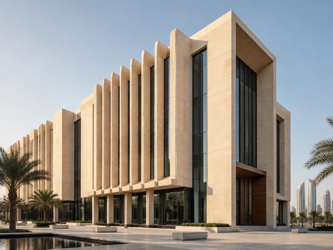 A stone-clad modern building with deep vertical fins, palms in front and towers beyond.