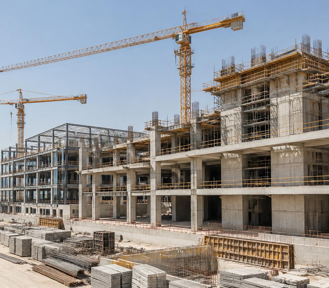 A building under construction: a concrete frame several storeys high with scaffolding and tower cranes, and stacked formwork and steel on the ground.