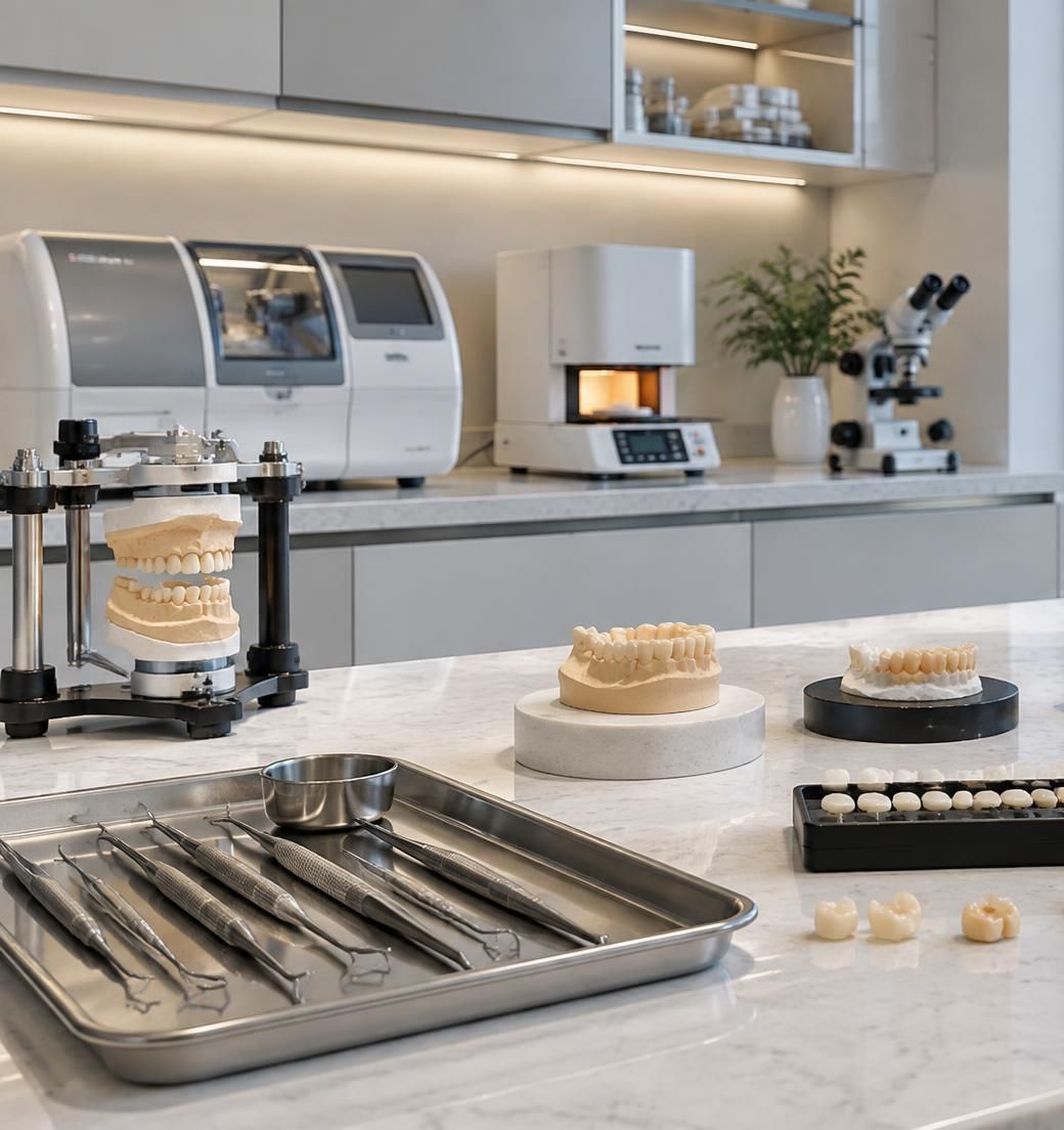 A dental laboratory bench: plaster tooth models in an articulator, hand instruments on a steel tray, and milling and furnace units along the counter behind.