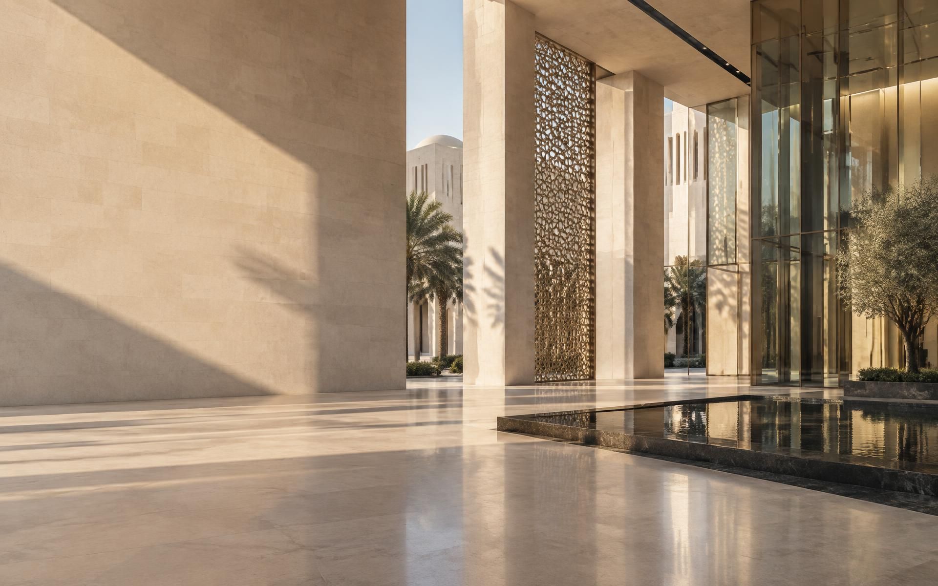 A stone-clad building forecourt: tall piers, a pierced brass screen and a glazed entrance, with a still reflecting pool and an olive tree in low sun.