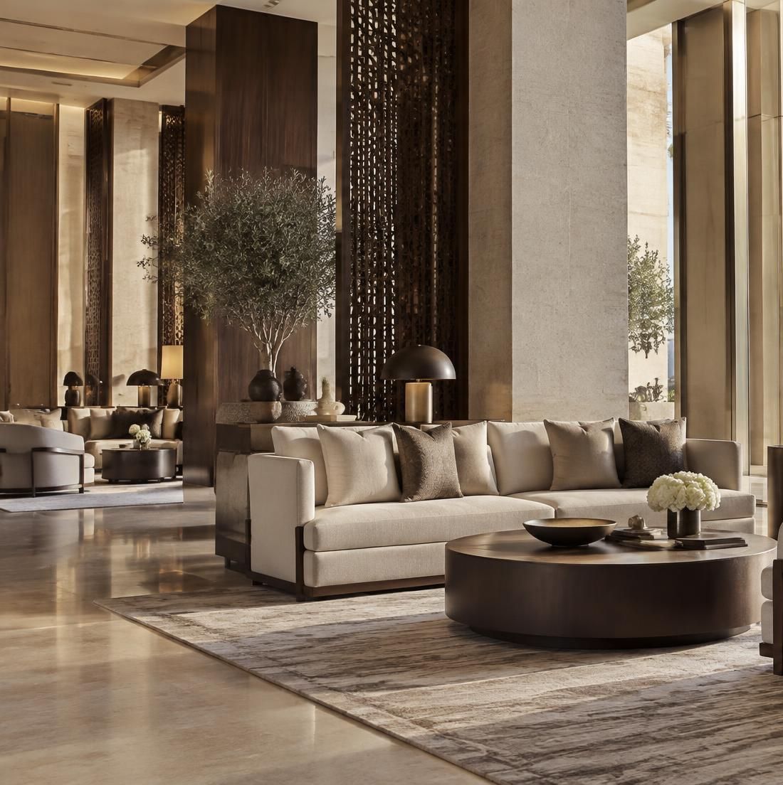 A hotel lobby lounge: a long upholstered sofa and a round timber table on a patterned rug, with olive trees and slatted screens between stone columns.
