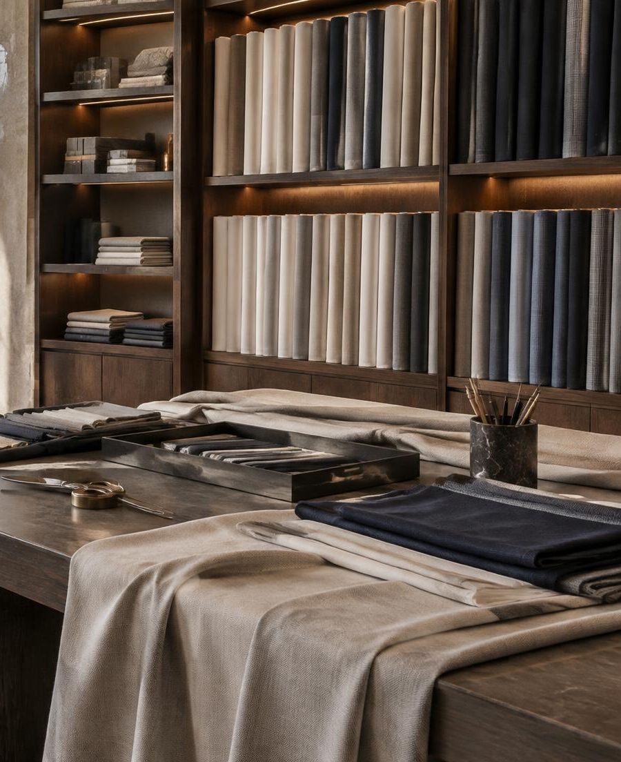 A fabric showroom: rolls of plain cloth in greys and neutrals shelved in lit timber cabinets, with folded lengths and a tray of swatches on a table.