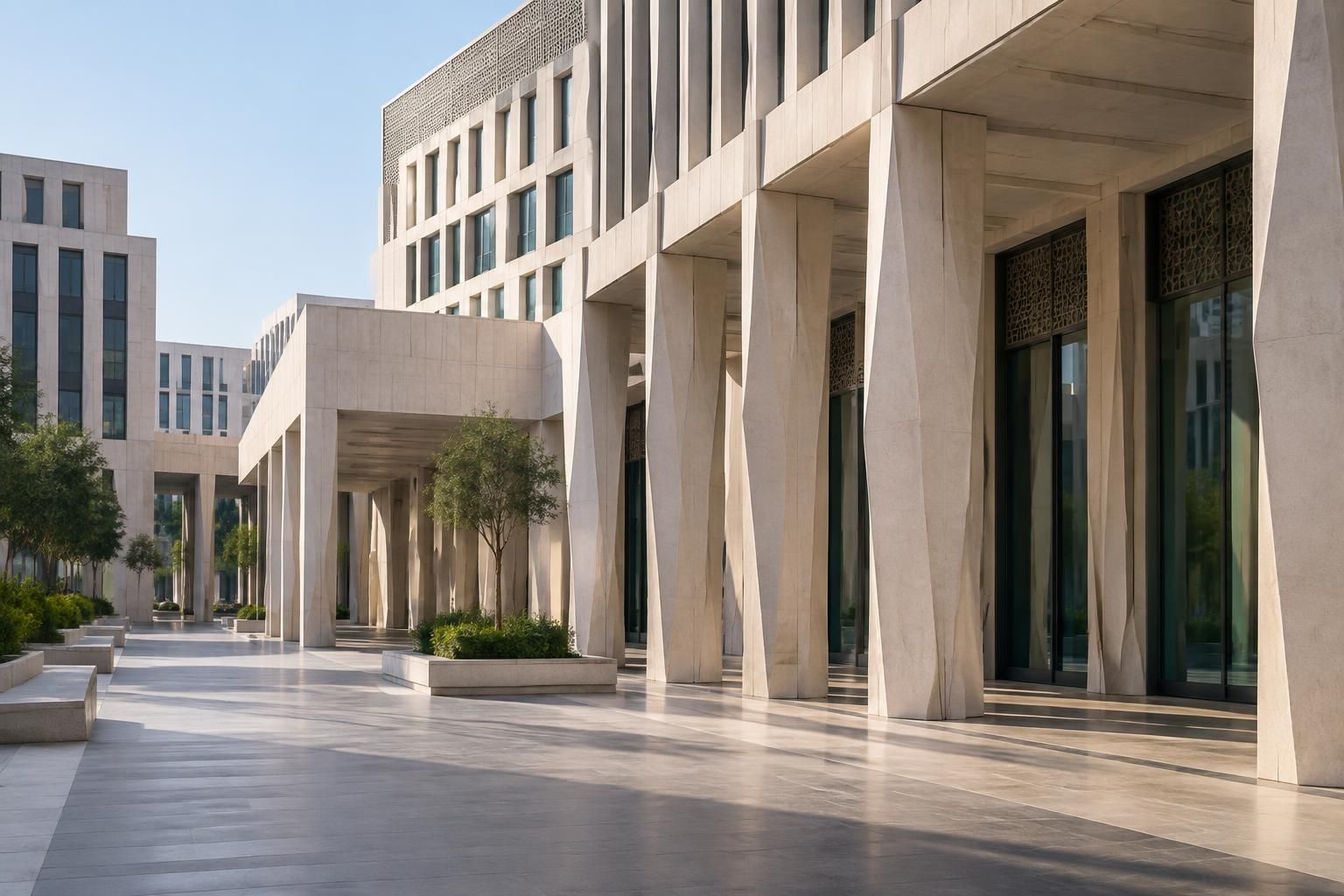 A shaded arcade of tapered stone columns running along the glazed ground floor of an office building, with young trees in raised planters on the plaza beyond.