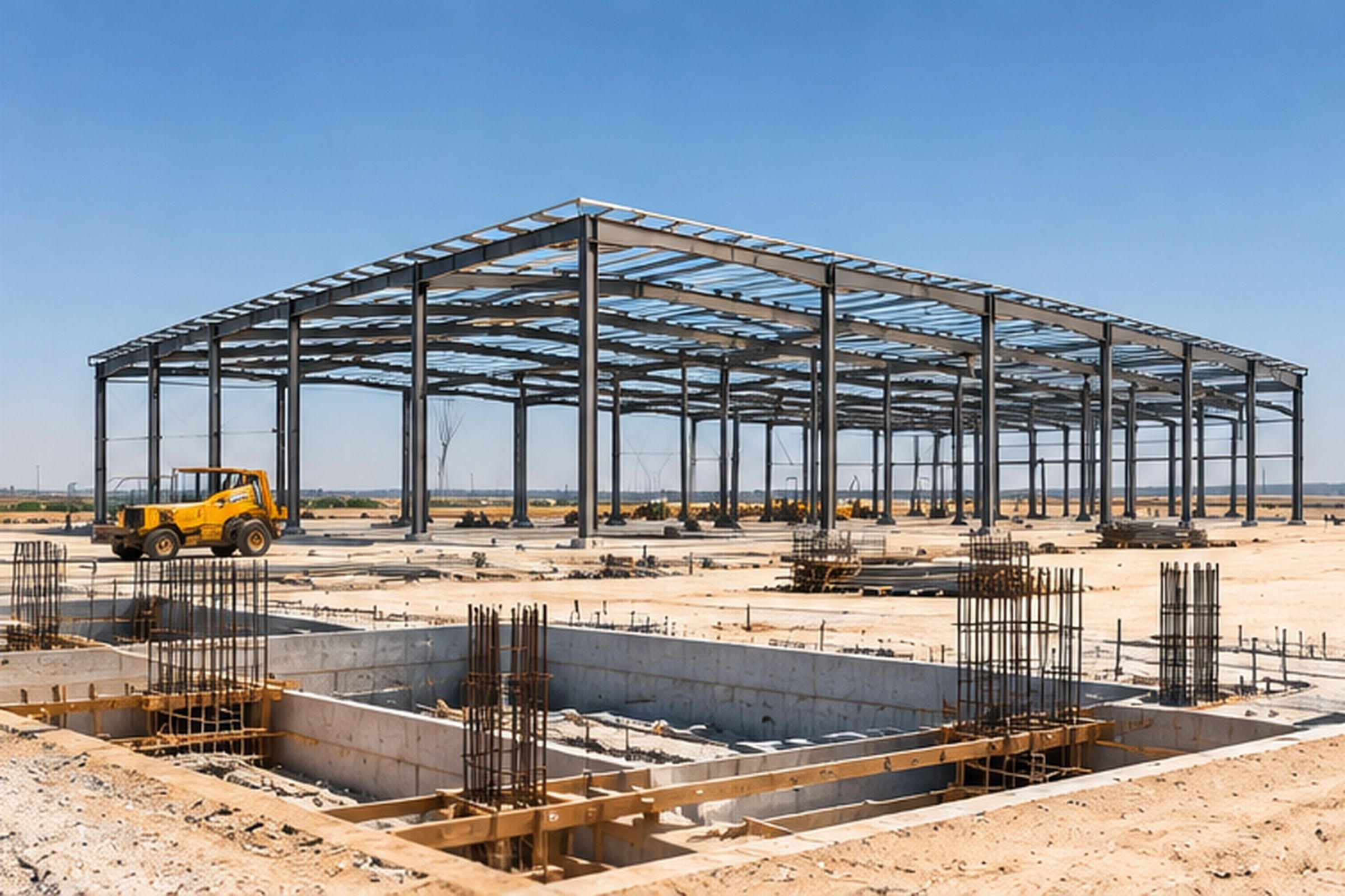 An industrial building under construction on a levelled desert site: a steel portal frame erected over concrete footings, with reinforcement cages and a wheel loader beside it.