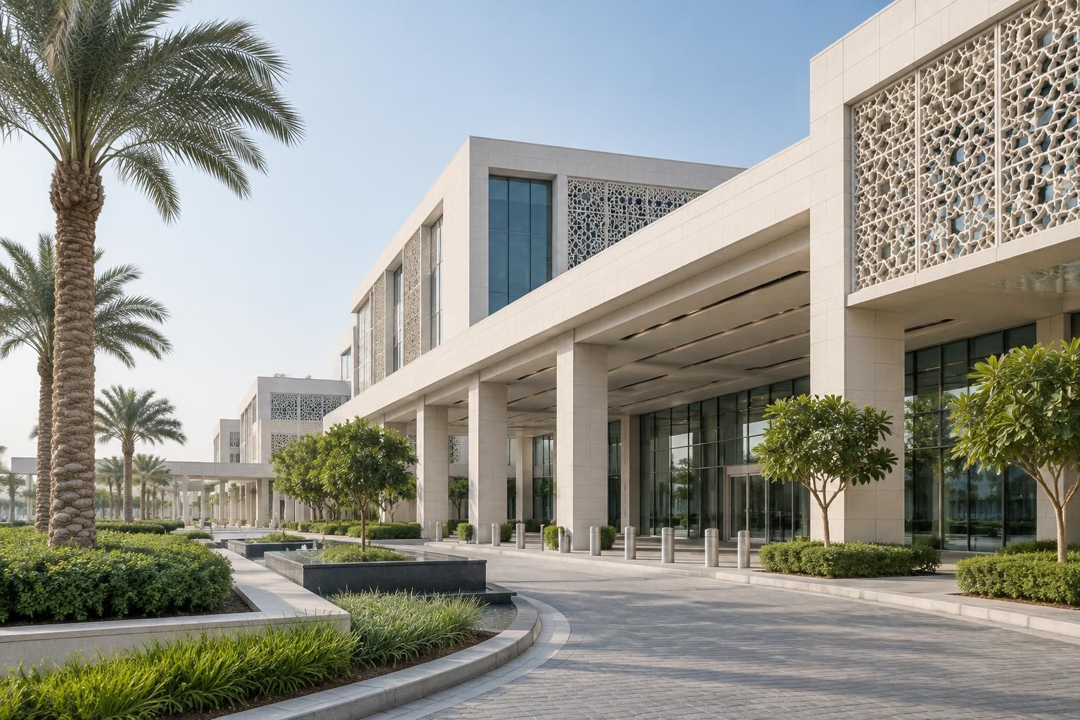 The colonnaded entrance of a low-rise stone-clad building, geometric screen panels set above the canopy, date palms and clipped planting beds along a wide paved forecourt.
