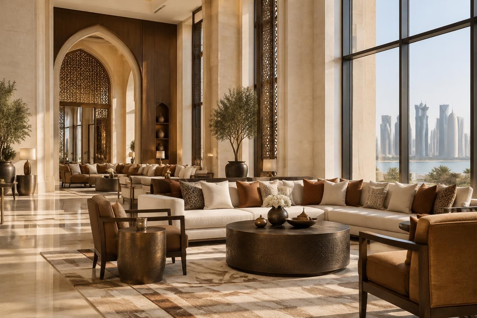 A double-height hotel lounge: stone piers, a fretwork-filled pointed arch, low seating around a round engraved brass table, and a waterfront skyline through full-height glazing.
