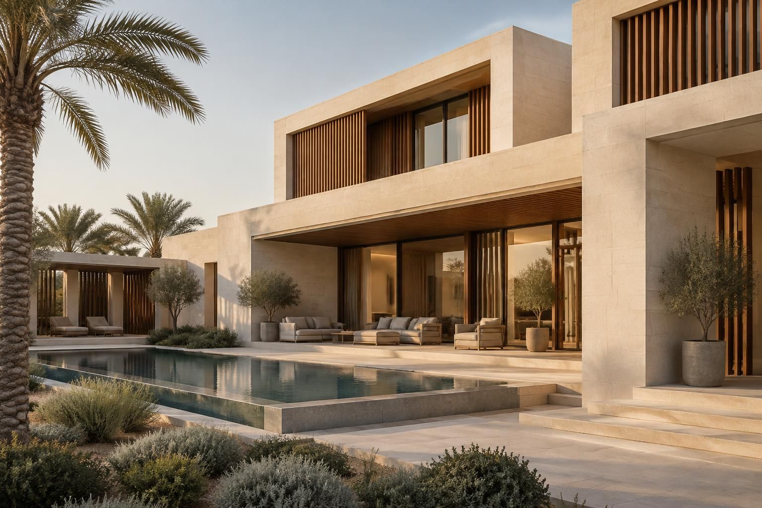 A two-storey villa in pale stone with timber louvred screens, its terrace open to a long lap pool, palms and low desert planting in late afternoon light.