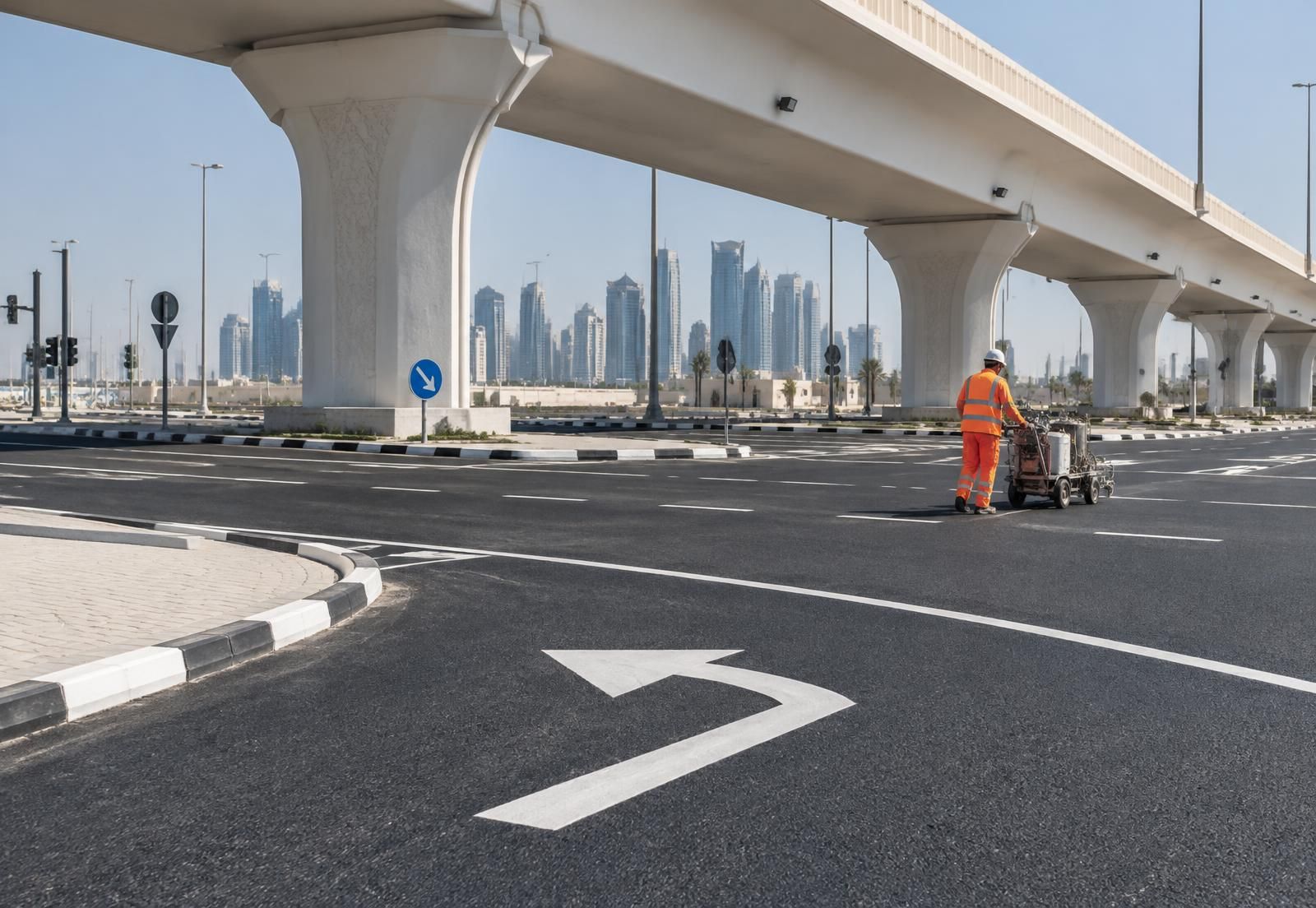 A road worker in orange hi-vis pushes a line-marking machine across a wide junction beneath an elevated roadway, a freshly painted white turn arrow in the foreground and a city skyline beyond.