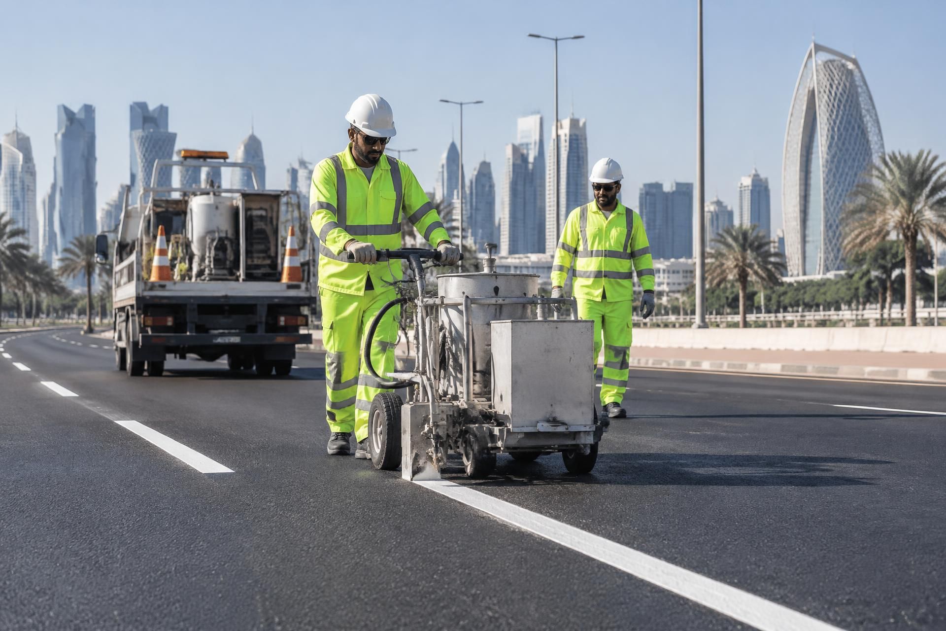 Two road workers in hi-vis yellow and white hard hats on a multi-lane city highway; one pushes a line-marking machine laying a fresh white line while the other follows, a support truck with traffic cones behind them and a skyline of towers beyond.