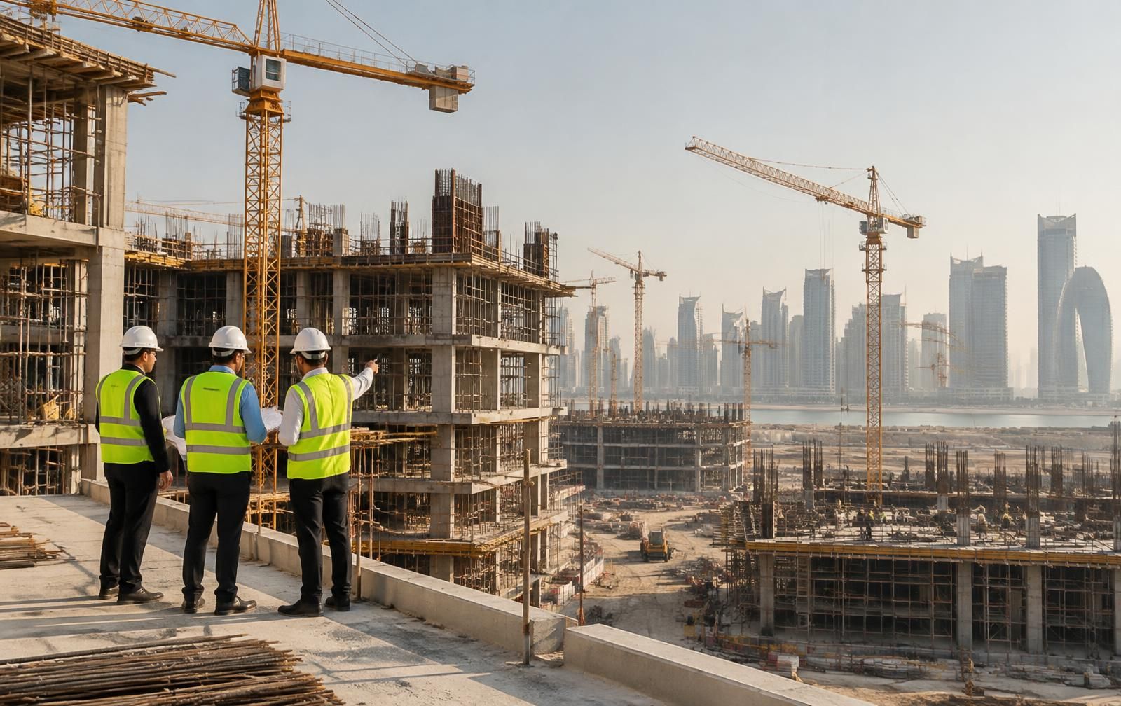 Three workers in hard hats and high-visibility vests on a concrete deck, with tower cranes and the Doha skyline beyond.