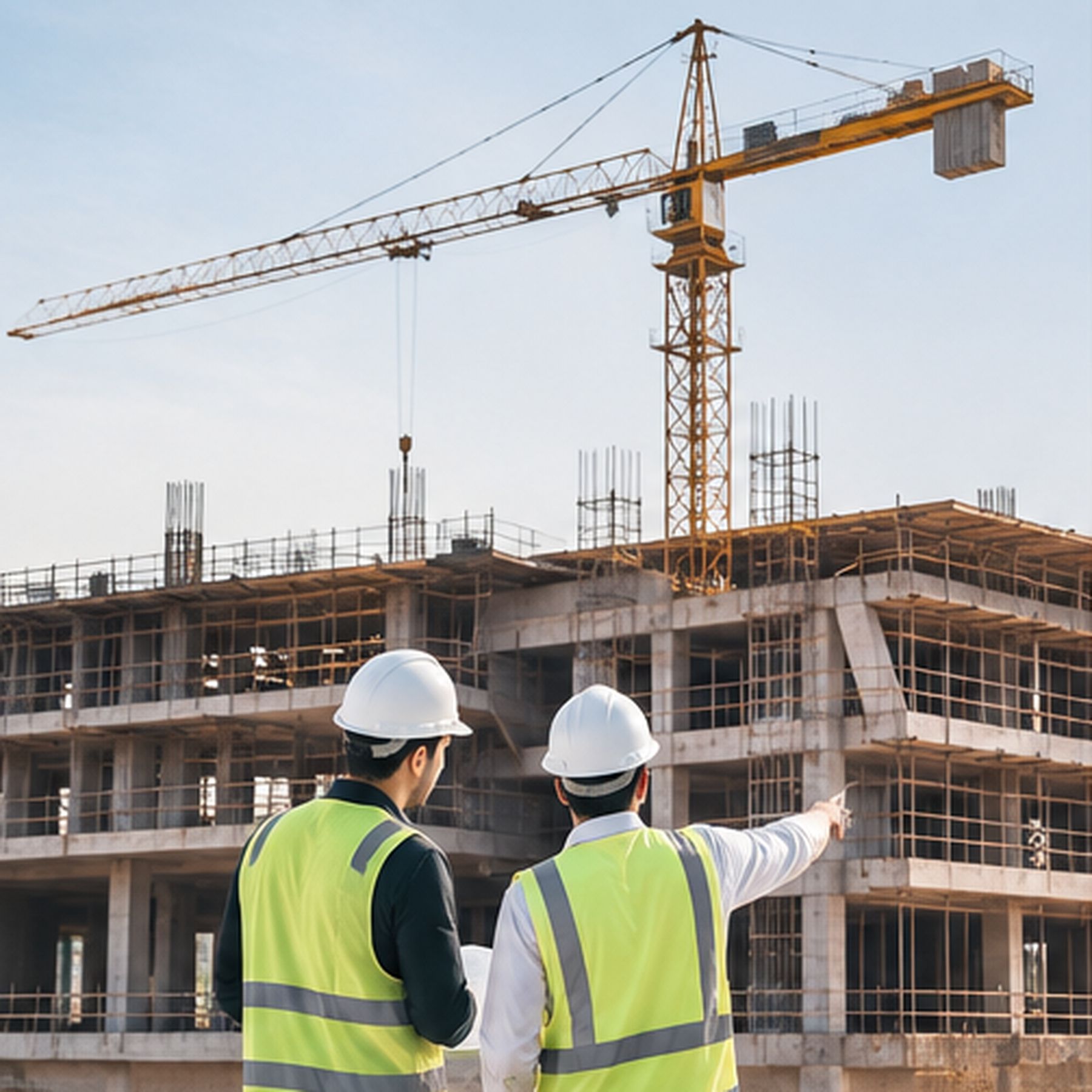 Two workers in hi-vis vests and hard hats seen from behind, one pointing up at the concrete frame of a building under construction beneath a tower crane.