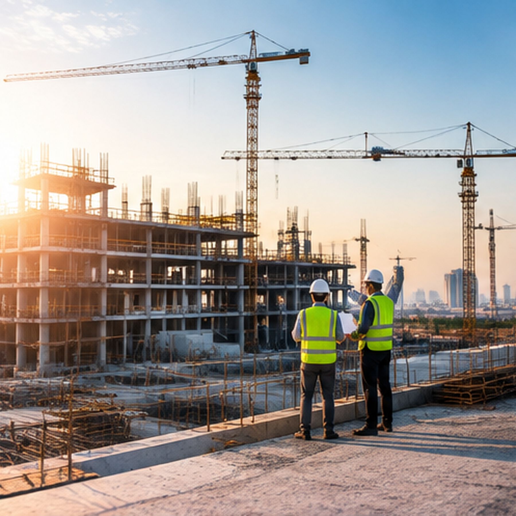 Two workers in hi-vis vests and hard hats stand on a concrete deck looking across a multi-storey reinforced-concrete frame under construction, tower cranes and a distant skyline behind them in low sun.