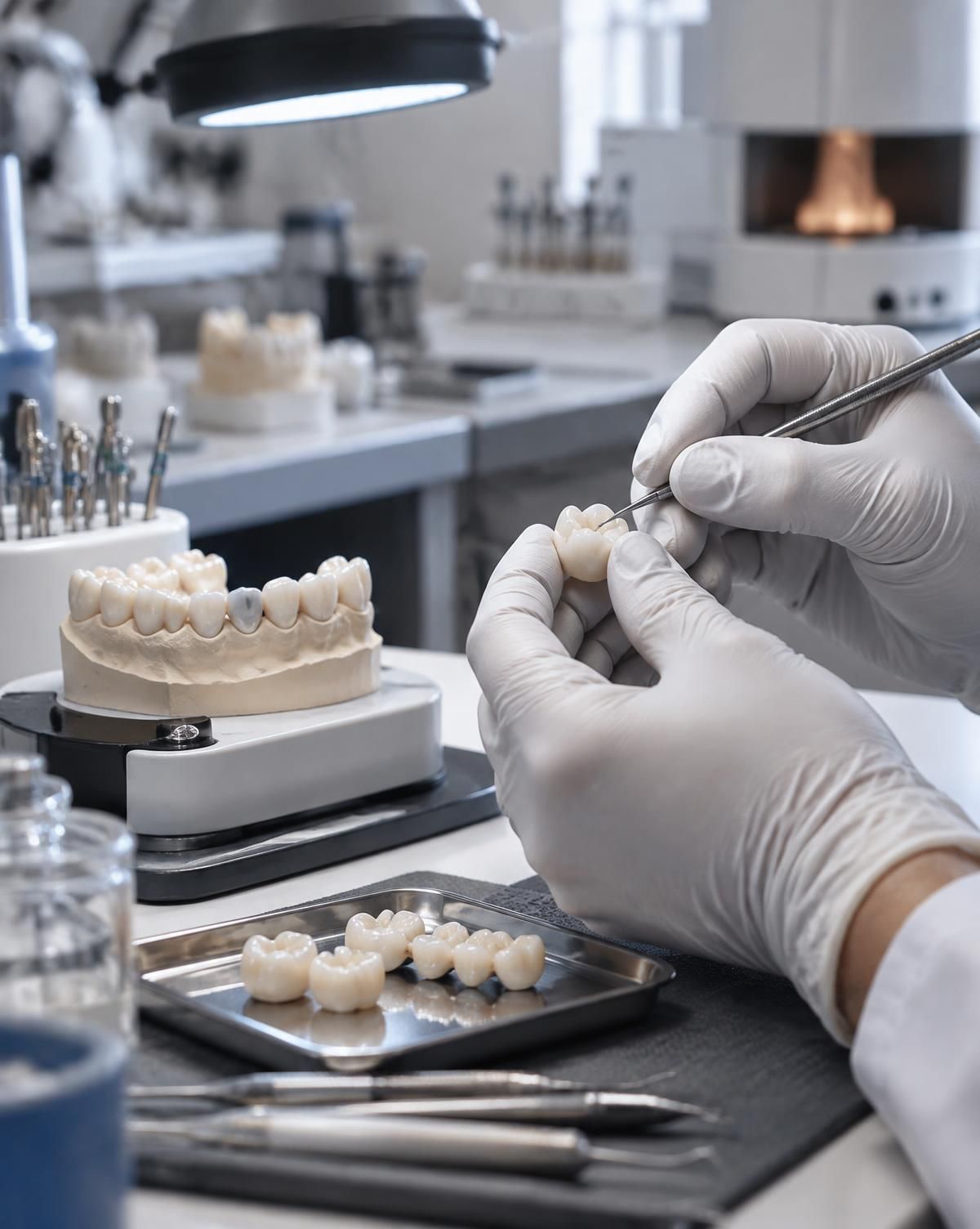 Gloved hands shaping a dental crown at a laboratory bench, with models and instruments laid out around them.