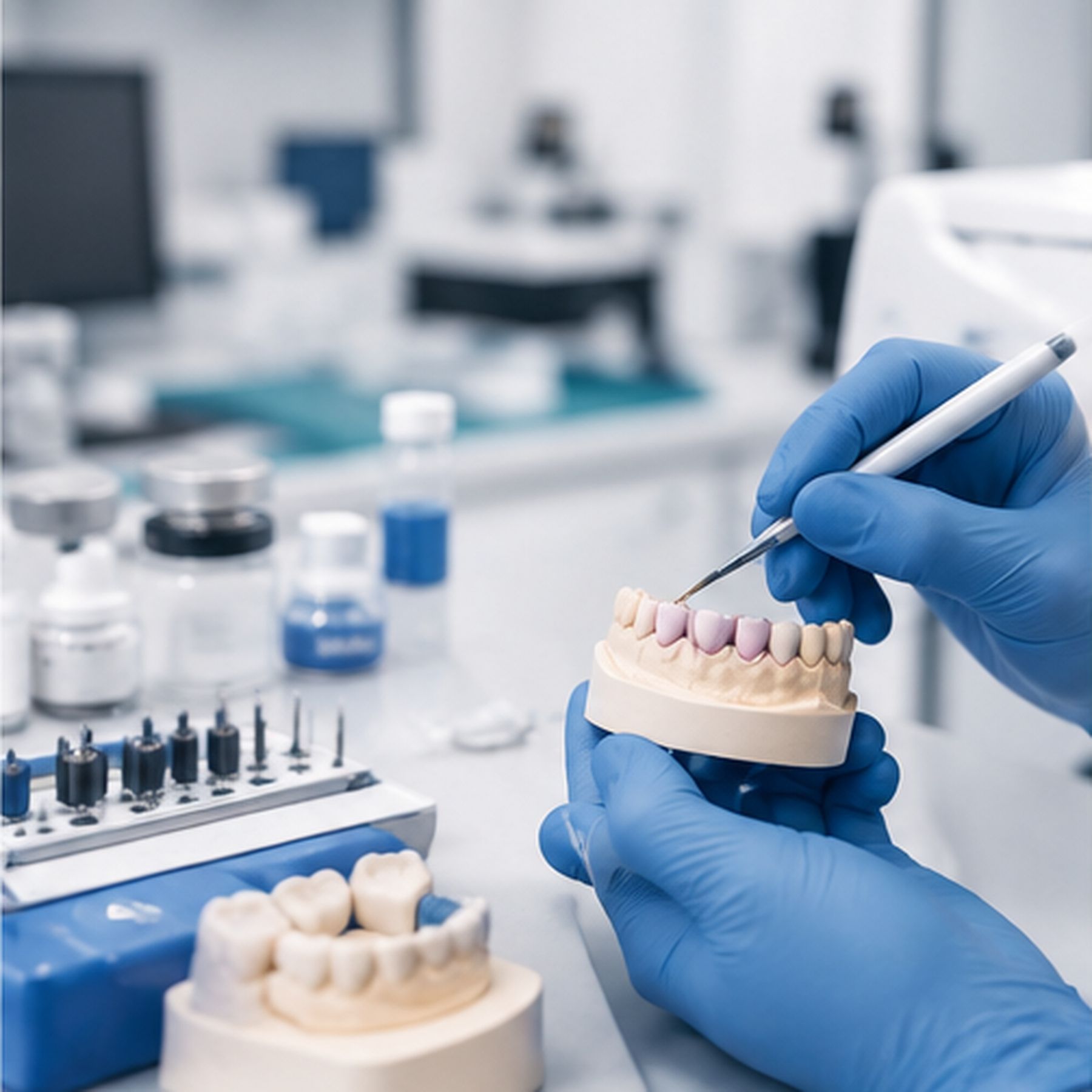 A gloved hand holds a dental model set with shade-matched crowns above a white bench of instrument trays, material bottles and sealed components.