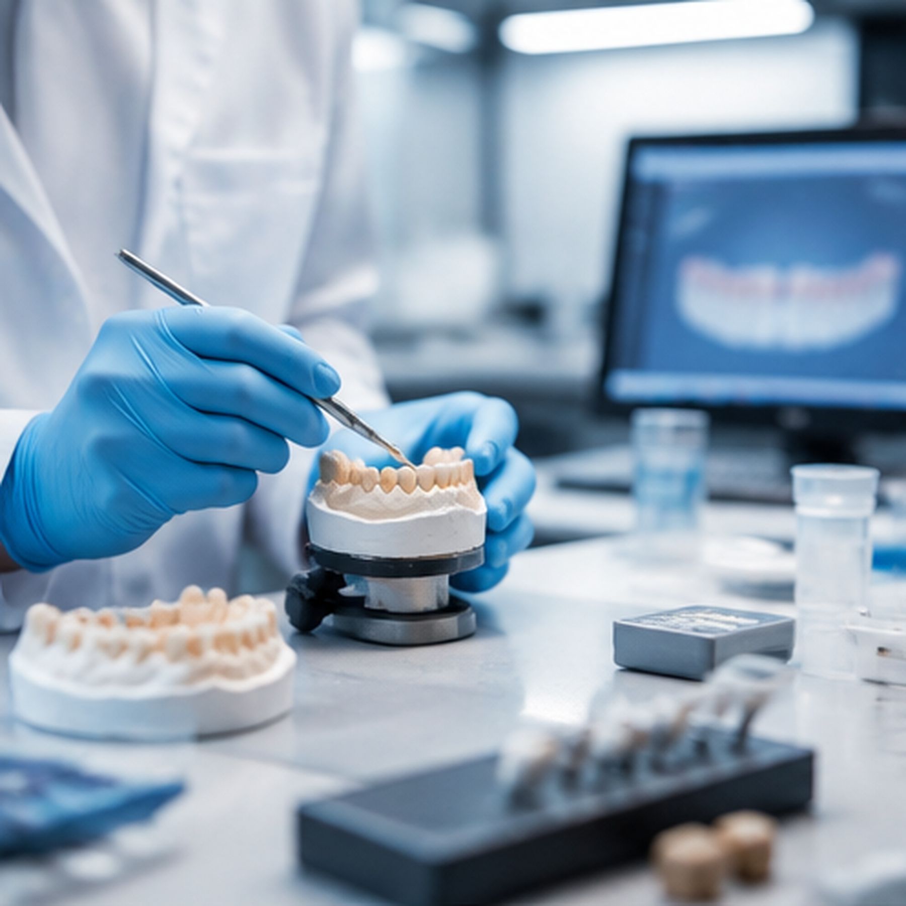 A gloved technician works on a row of ceramic crowns mounted on a dental model at a laboratory bench, with instruments, sample shades and a screen showing a dental scan behind.