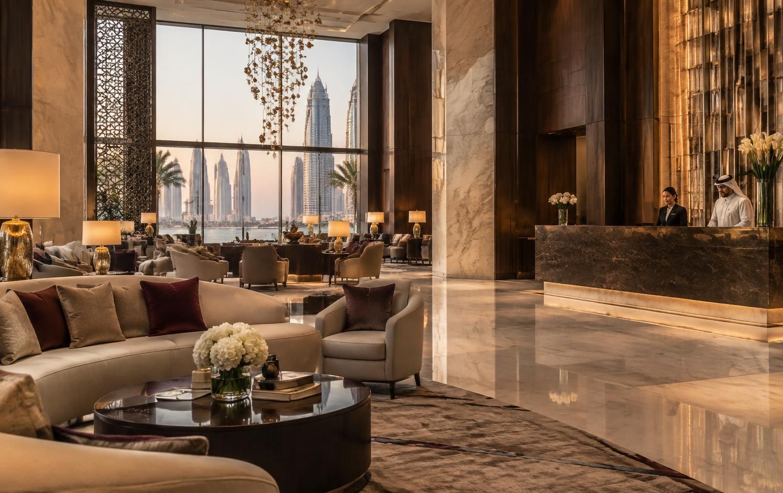 A hotel lobby lounge with upholstered seating, marble piers and a lit reception desk, towers visible through the window.