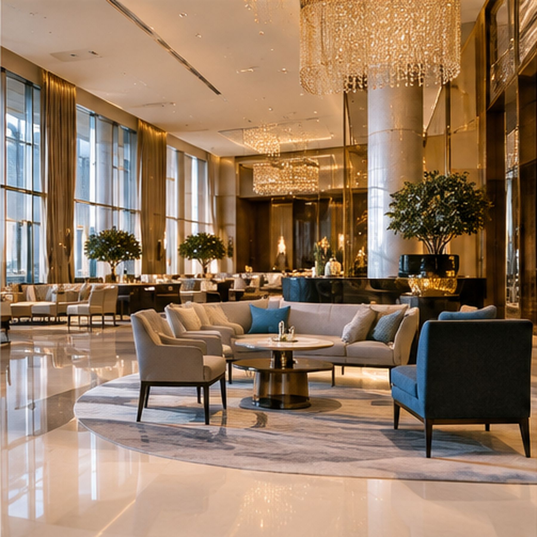A hotel lounge under crystal chandeliers: armchairs and sofas arranged on a circular rug, potted trees and gold-toned columns, daylight through tall curtained windows.