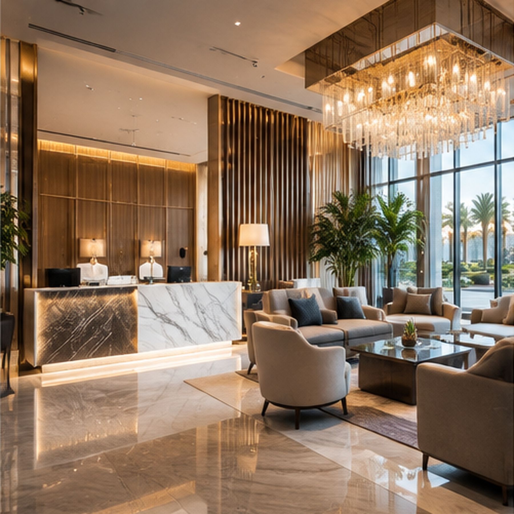 A hotel lobby with a lit marble reception desk, armchairs and sofas around a low table, timber screen walls, a long crystal chandelier, and palms through full-height glazing.