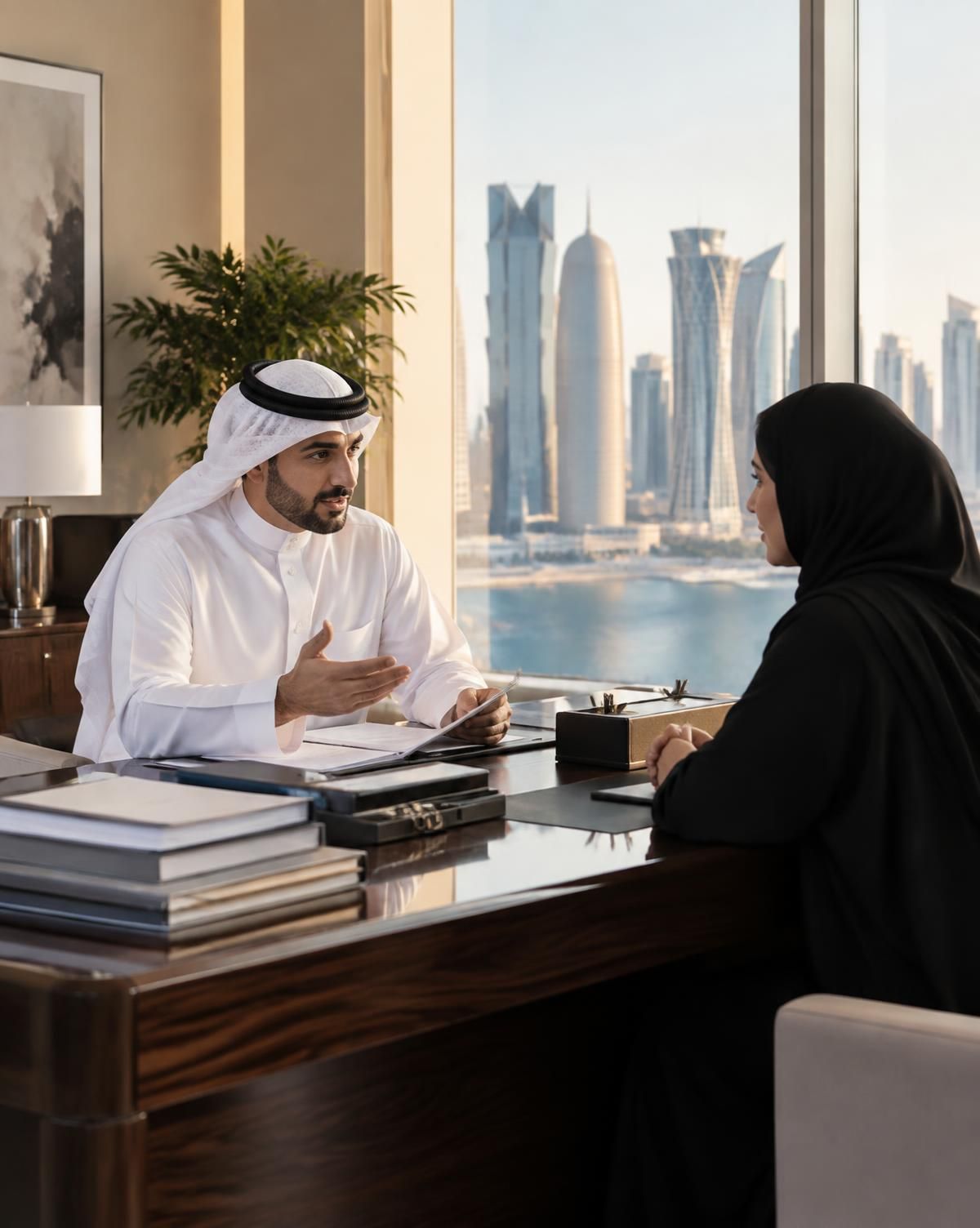 Two people in Qatari dress talking across a desk in an office, with the Doha waterfront and towers through the window.