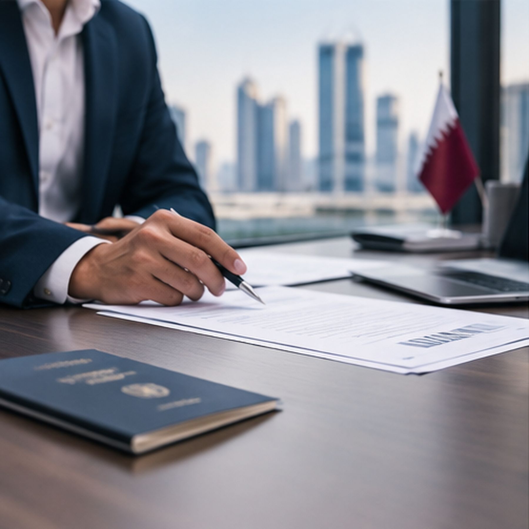 A person in a suit signing paperwork at a desk, a passport and laptop beside them and a small Qatari flag on a stand, towers visible through the window behind.