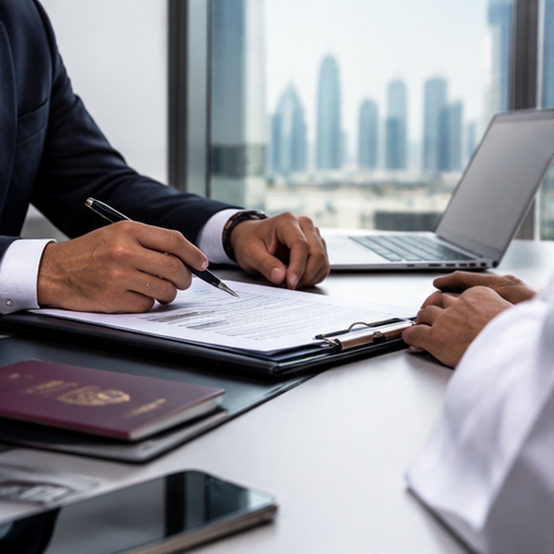 Two people at an office desk, one signing a document held in a clipboard, with a laptop, a passport and a phone alongside and a tower skyline through the window.