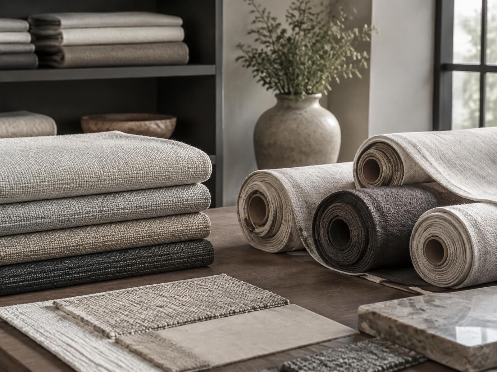 Folded fabrics stacked beside rolled materials and woven swatches on a table.