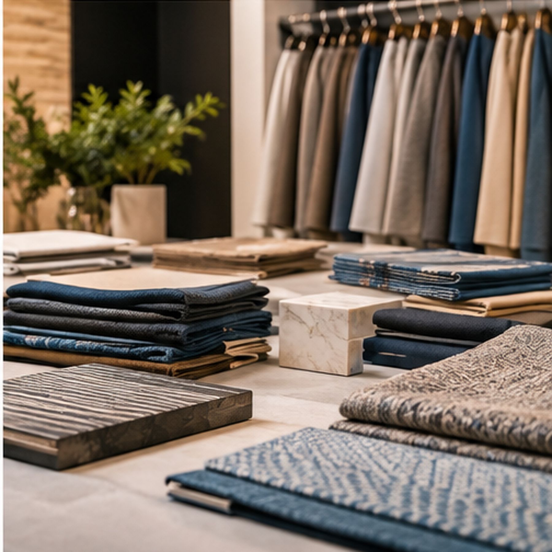 A materials showroom: folded stacks of fabric and stone samples laid out on a display table, with lengths of cloth hanging from a rail behind.