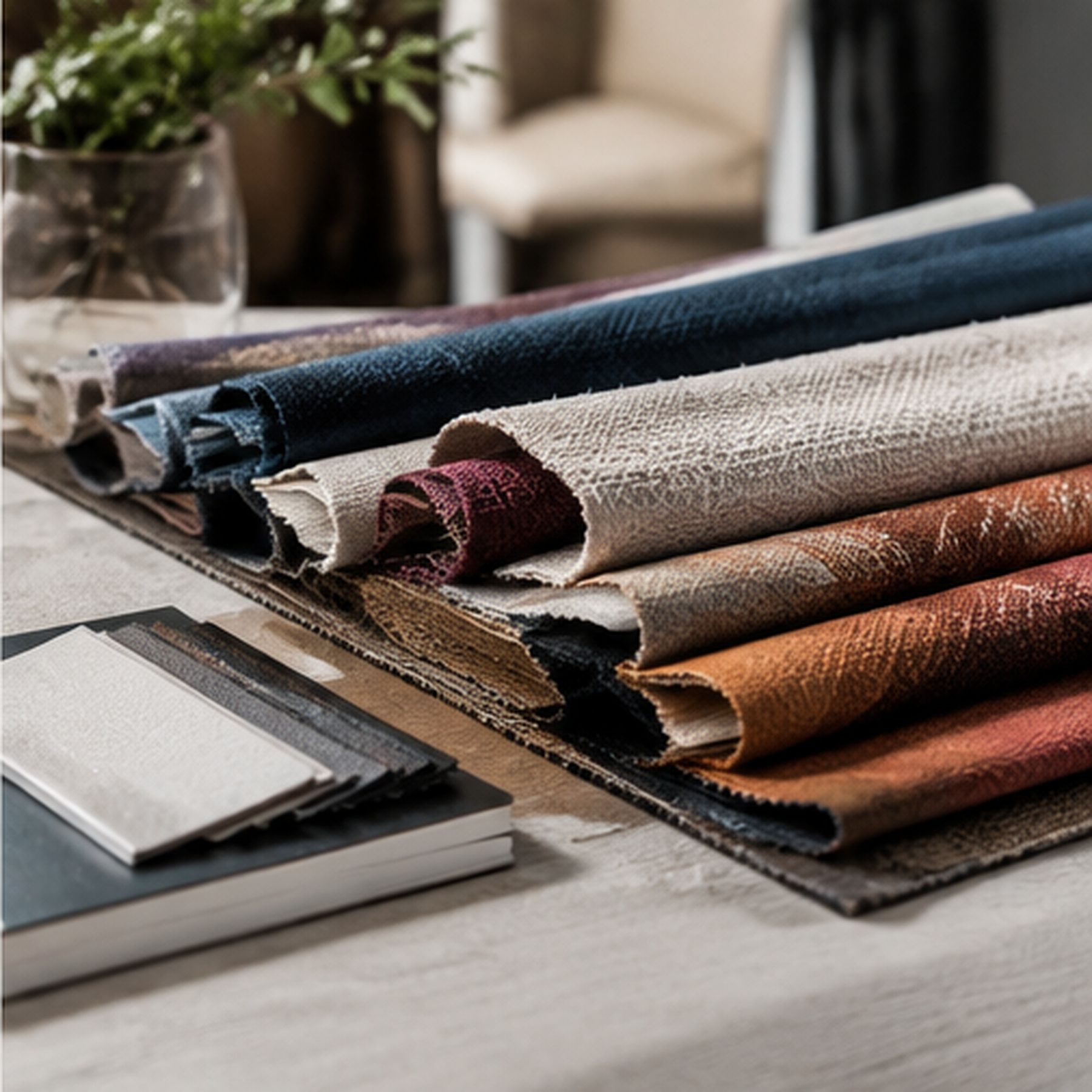 A fanned stack of upholstery fabric samples in blue, grey, rust and burgundy laid across a table, with a pile of sample boards beside them.