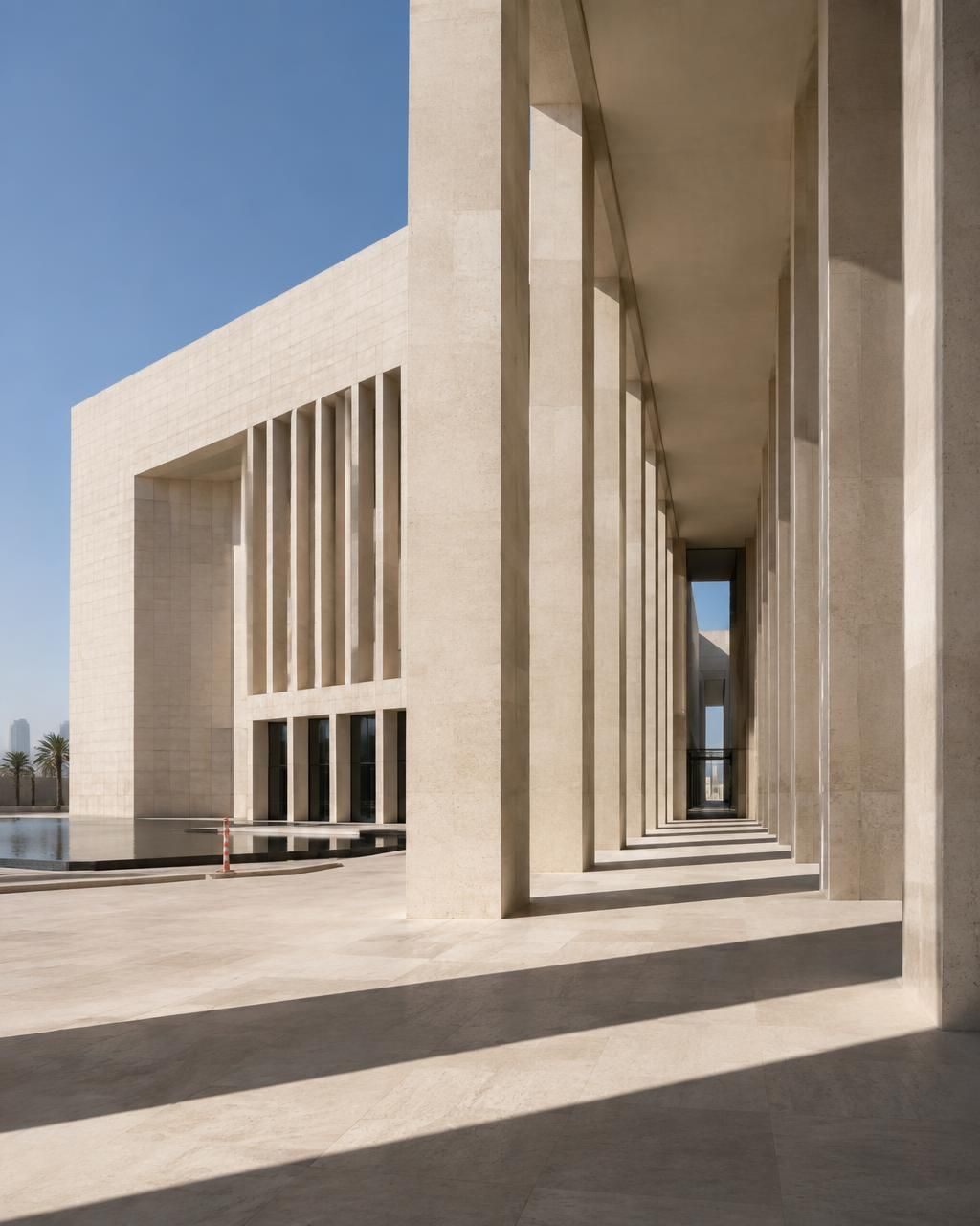A colonnade of stone piers along a modern building, casting long shadows across paving.
