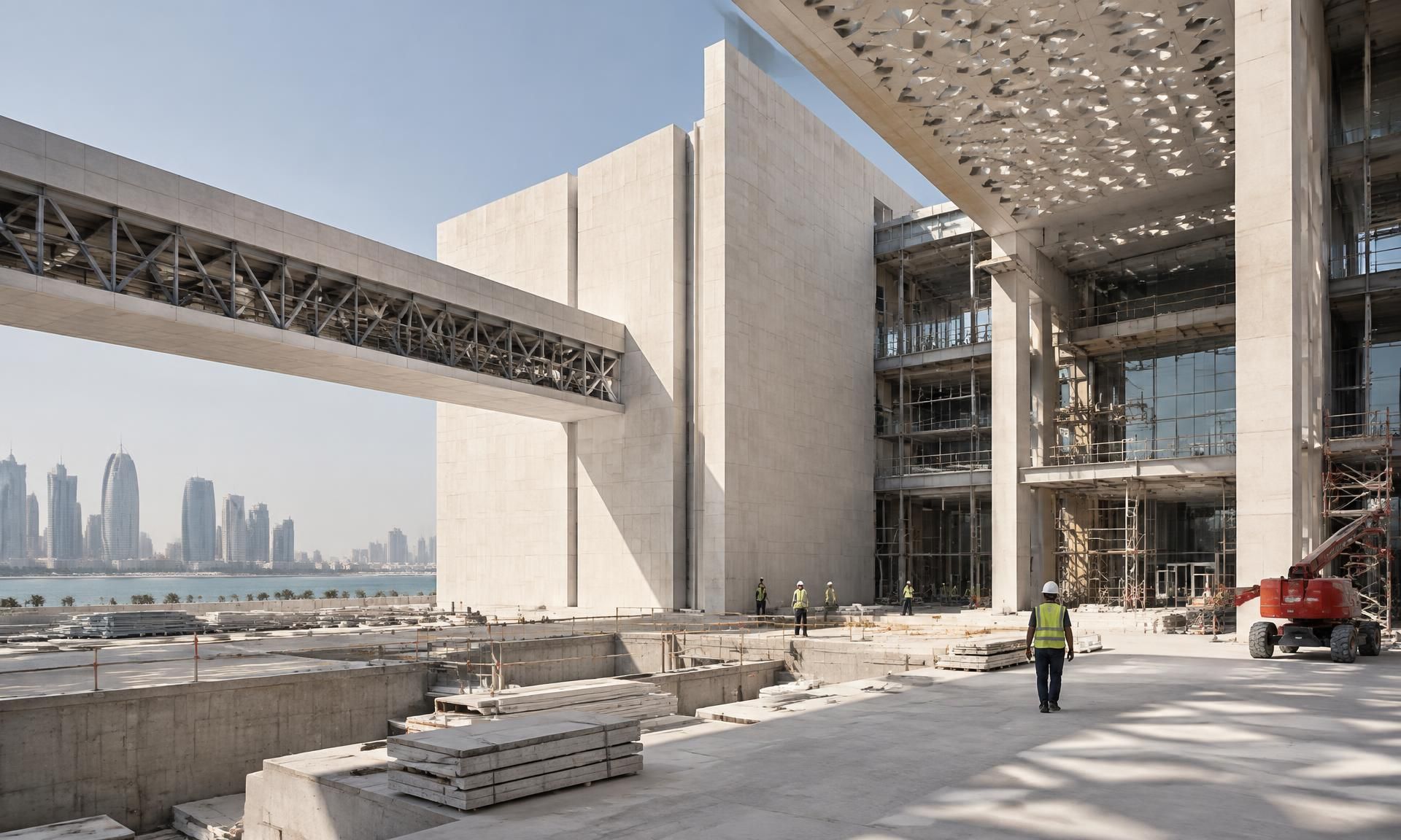 A large stone and glass building under construction, with workers in high-visibility vests and the Doha skyline beyond.