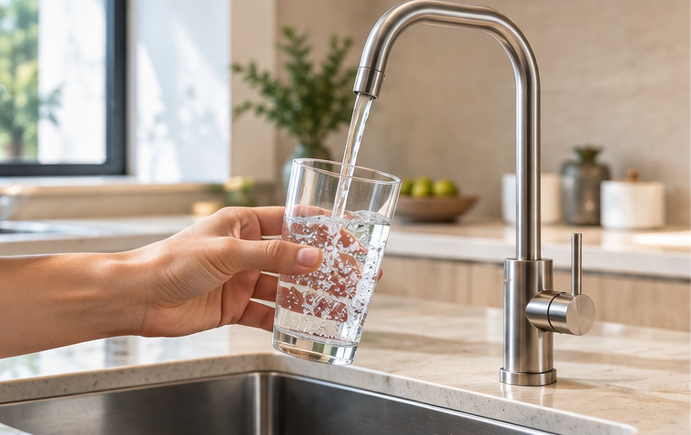 A hand holding a glass under a kitchen tap as it fills with clear water, a bright kitchen worktop behind.