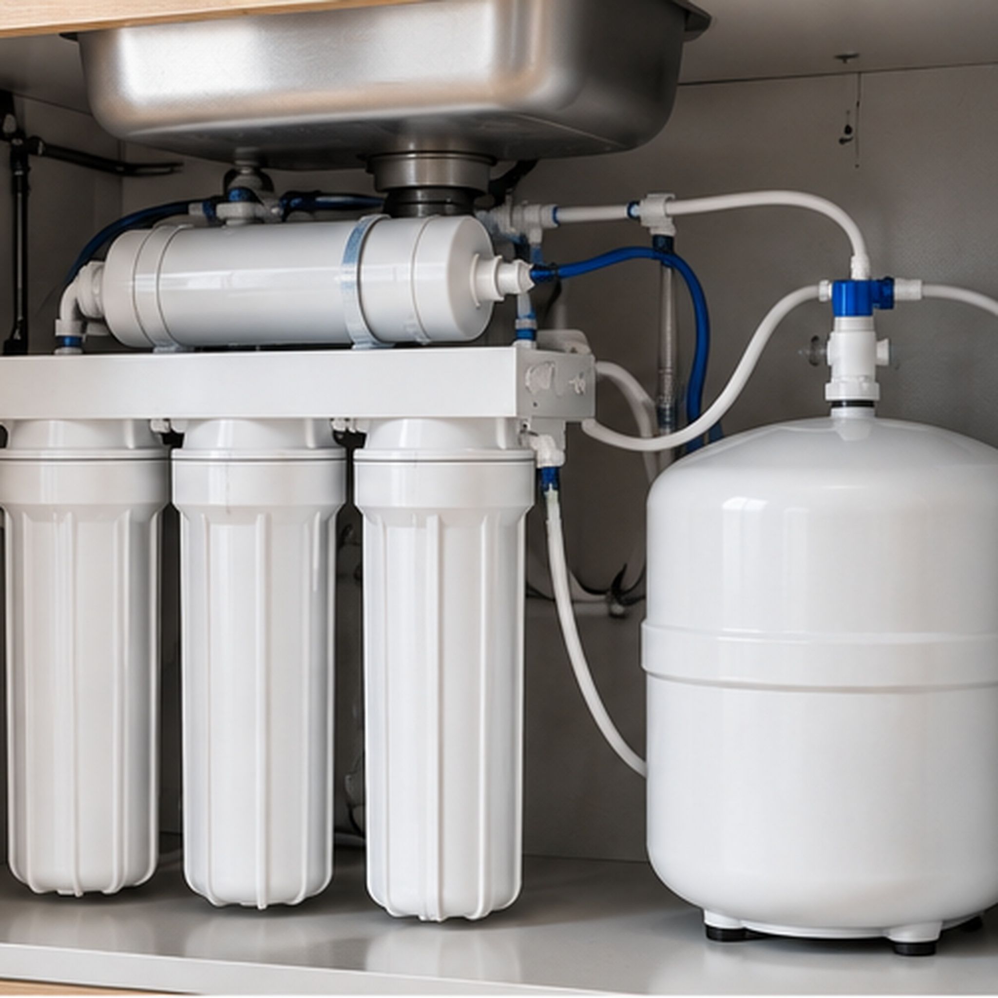 An under-sink water filter: three white cartridge housings on a bracket, a horizontal in-line cartridge above them, blue and white tubing, and a white pressure tank alongside.