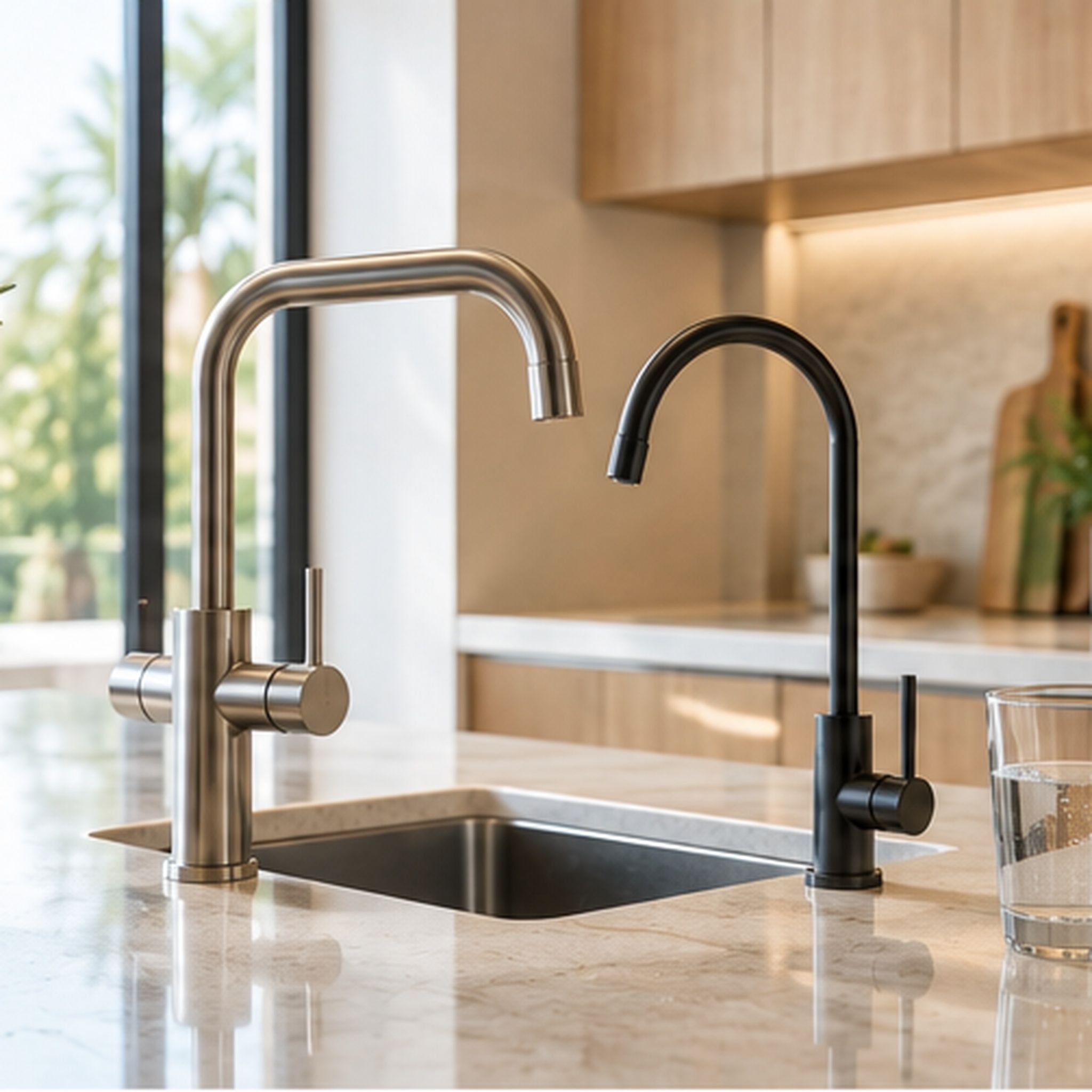 A kitchen worktop with two tall mixer taps at a sink, one brushed steel and one matt black, and a glass of clear water beside them, daylight through the window behind.